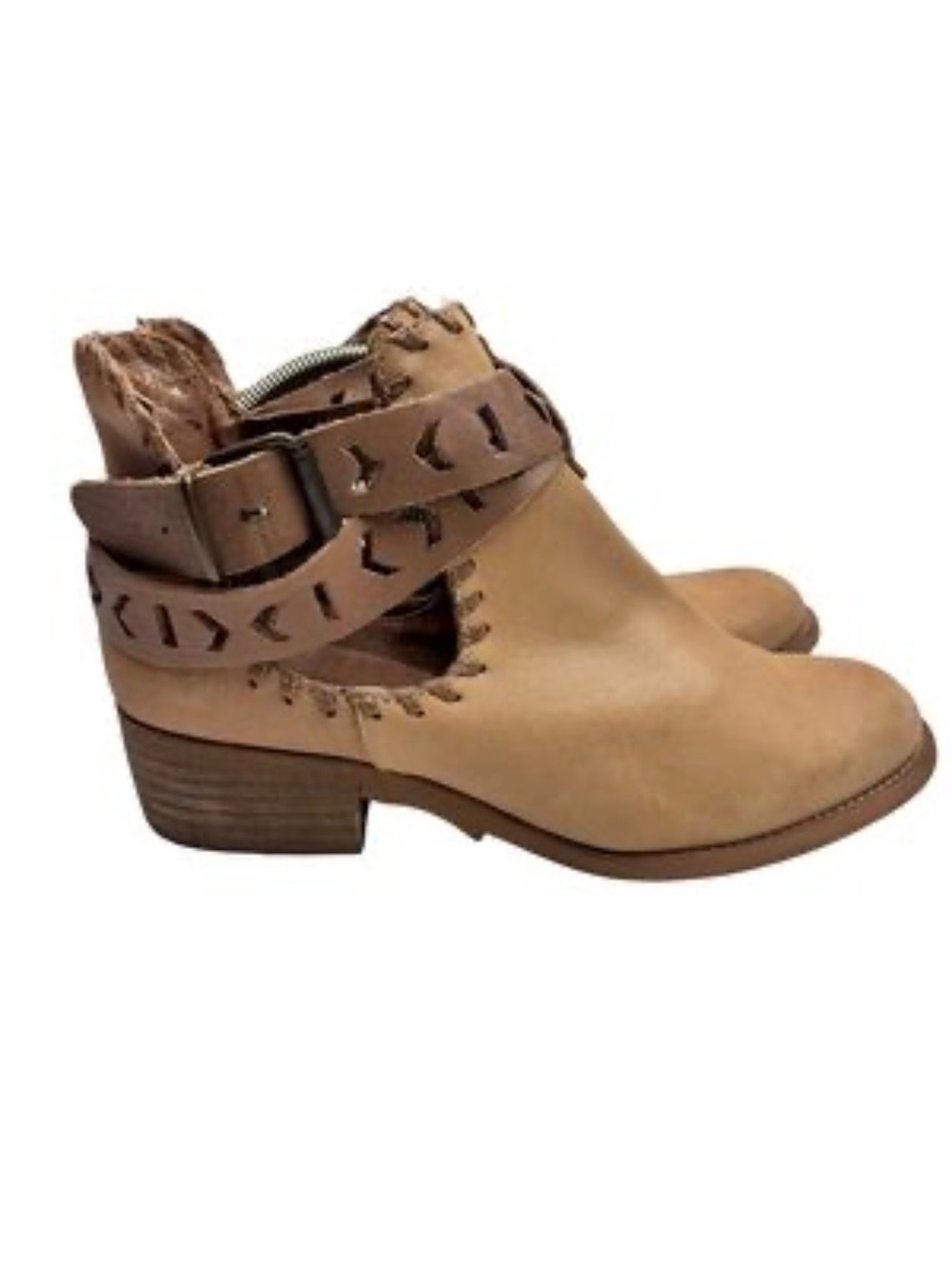 Musse & Cloud Women's Tan Camel Ankle Booties with Strappy and Stitch Details, 8